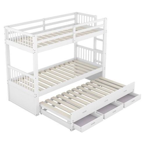 Etagenbett Weiß 90x200cm (Ohne Matratze) Kinderbett Hausbett, Bettgestell aus Kiefer und MDF mit Leiter undausziehbarem Bett und 3 Schubladen