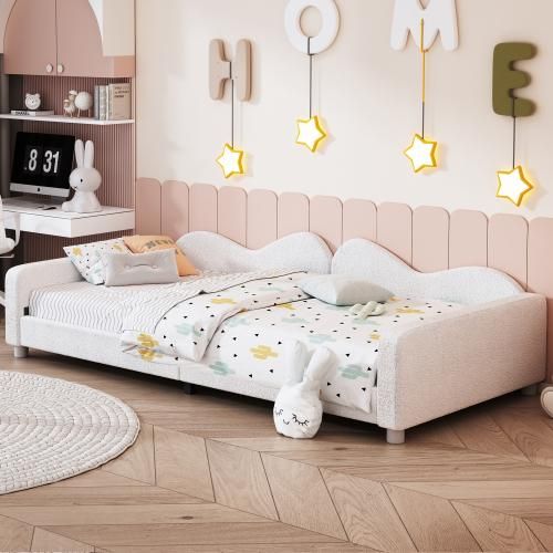 Kinderbett Polsterbett Weiß 90x200cm (Ohne Matratze) Schlafsofa Bettgestell Teddystoff weiches Bett mit Rückenlehne und Armlehnen Jugendbett