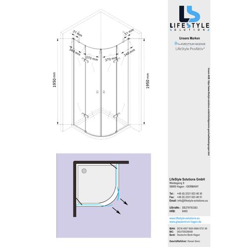 Glaszentrum Hagen - 90x90x195cm - Poseidon Duschkabine Dusche Duschabtrennung - 6mm - ESG Glas mit Duschwanne + Siphon
