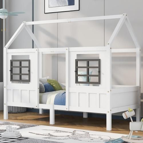 Weiß 90x200cm Kinderbett (Ohne Matratze) Hausbett Einzelbett Tagesbett Kinderbett mit 2 Fenstern Rahmen aus Kiefer MDF
