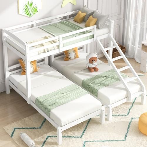 Weiß 90x200cm Kinderbett (Ohne Matratze) Dreierbett, Dreifaches Etagenbett mit Seitenleiter für Kinder und Jugendliche