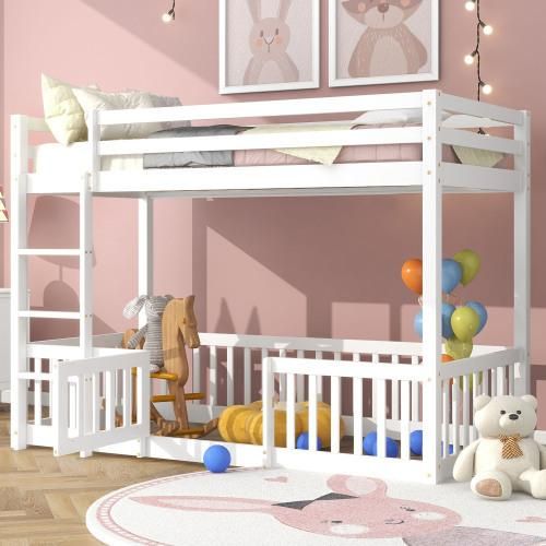 Weiß 90x200cm Kinderbett (Ohne Matratze) Massivholz Etagenbett mit rechtwinkliger Treppe, Bett mit Zäune und Türchen mit Fallschutz und Gitter