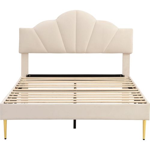 Beige 140x200cm Polsterbett (Ohne Matratze) Samt Doppelbett, muschelartiges Bett mit goldenen Eisenbeinen, höhenverstellbares Kopfteil Holzlattenrost