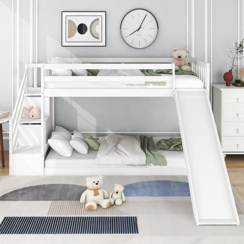 Weiß 90x200cm Kinderbett (Ohne Matratze) Etagenbett mit Treppe und Rutsche, Rahmen aus massivem Kiefernholz, Kinderbett mit 2 Schubladen in der Treppe