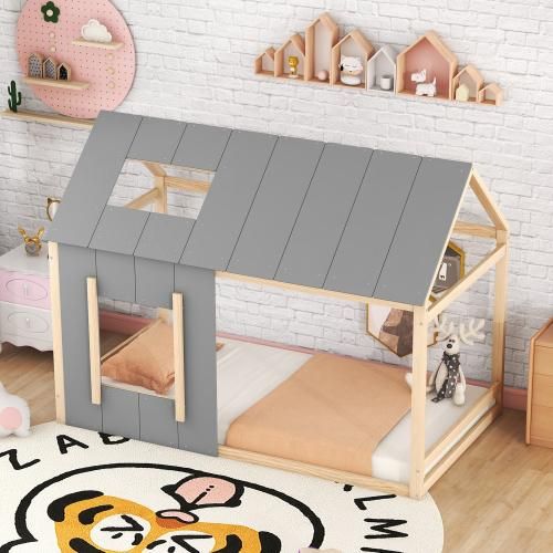 Natur+Grau 90x200cm Kinderbett (Ohne Matratze) Holzbett Kinderbett in Hausform Hausbett Einzelhaus-Flachbett mit Dach und Fenster