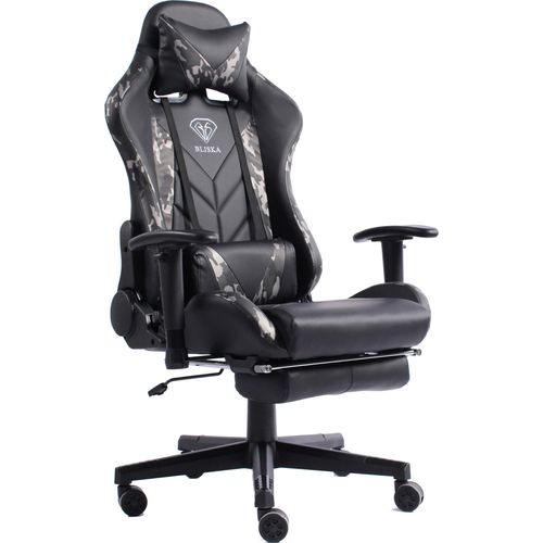Gaming Stuhl mit Fußstütze und ergonomsichen 4D-Armlehnen gaming chair in ergonomischer Sportsitz Optik Gamer Stuhl mit verstellbaren Rückenstützkissen Bürostuhl,Farbe:Schwarz/Military -Grau
