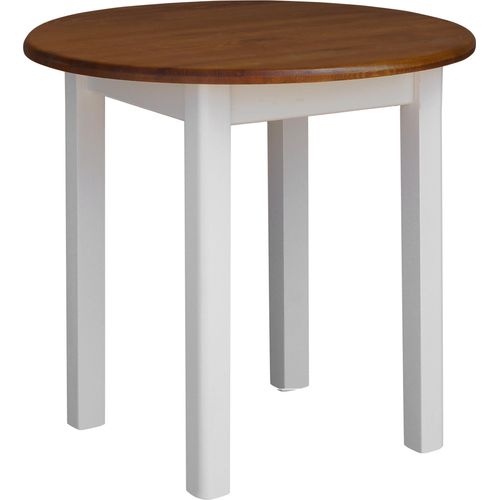 Weißer Runder Tisch aus massivem Kiefernholz mit Tischplatte in der Farbe Eiche 90 cm