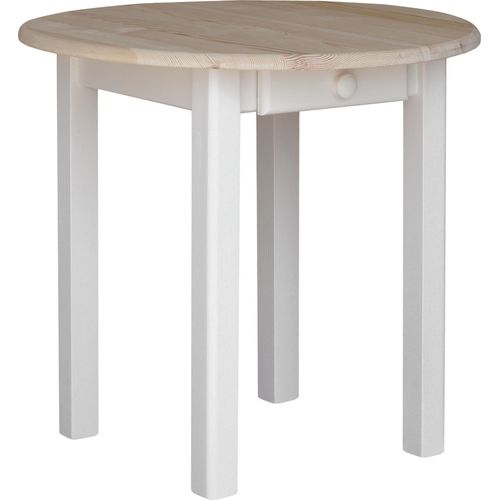 Weißer Runder Tisch mit Schublade aus massivem Kiefernholz mit unlackierter Tischplatte 90 cm