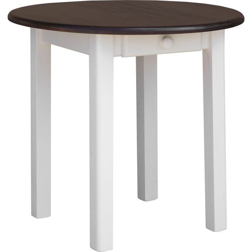 Weißer Runder Tisch mit Schublade aus massivem Kiefernholz mit Tischplatte in der Farbe Nuss 90 cm