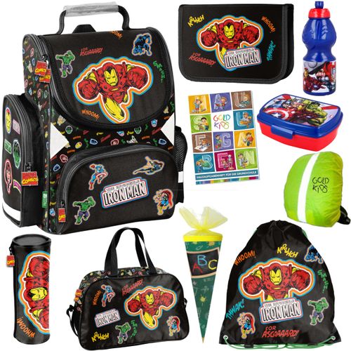 10er Set Avengers Marvel Schulranzen ergonomischer Ranzen Federmappe Trinkflasche Brotdose Sporttasche Zuckertüte Aufgabenheft für die Grundschule.