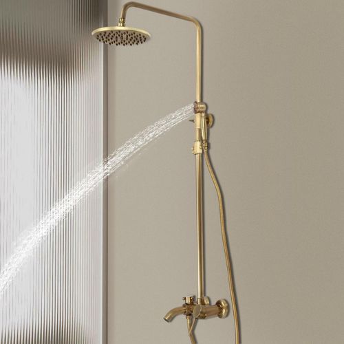 Antikes Duschsystem mit Regendusche Armatur Handbrause Messing Duschset 0,7-1,1m höhenverstellbar (gold)