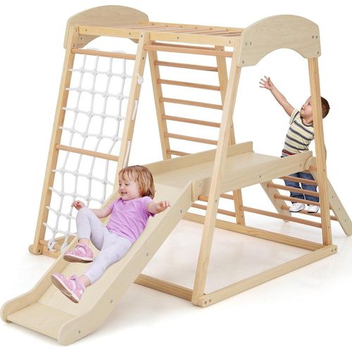 Klettergerüst Indoor Kletterspielzeug mit Rutsche Kletterleiter Kletternetz Affenstange, Spielturm Spielplatz Montessori Kletterdreieck aus massivem Kiefernholz für Kinder ab 1 Jahr (Natur)