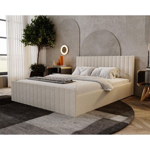 Doppelbett 140x200 Billo Slim - Polsterbett, Schlafzimmerbett mit Lattenrost & Bettkasten, Bouclé-Stoff (Creme - Anthology 1)