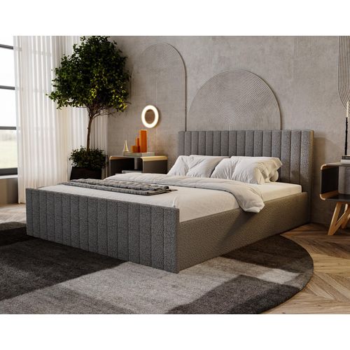 Doppelbett 140x200 Billo Slim - Polsterbett, Schlafzimmerbett mit Lattenrost & Bettkasten, Bouclé-Stoff (Dunkelgrau - Anthology 18)