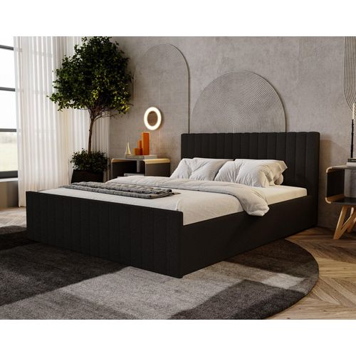 Doppelbett 160x200 Billo Slim - Polsterbett, Schlafzimmerbett mit Lattenrost & Bettkasten, Bouclé-Stoff (Schwarz - Anthology 19)