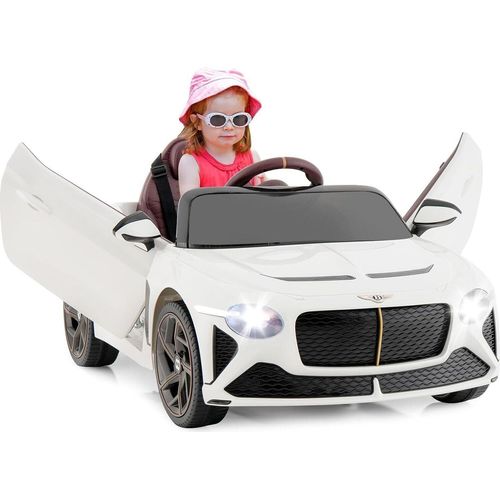 GOPLUS 12V Kinder Elektroauto Bentley, Kinderfahrzeug mit Fernbedienung, LED-Leuchten, Scherentüren, Hupe & Musik, 3 Geschwindigkeiten (Weiß)