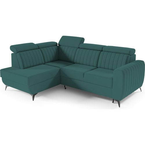Couch für Wohnzimmer, Samstoff, Ecksofa mit Schlaffunktion und Bettkasten, Schlafsofa, Sofagarnitur, L Sofa Eckcouch L-Form Wohnlandschaft mit Bettfunktion - Ecksofa MOSTA II Dunkelgrün (Castel 75) - Links