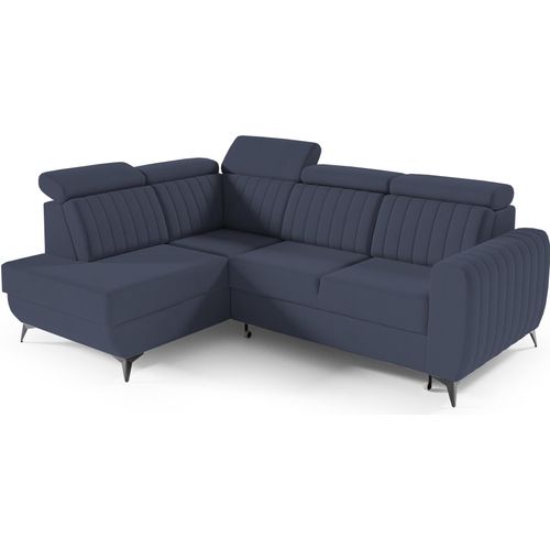 Couch für Wohnzimmer, Samstoff, Ecksofa mit Schlaffunktion und Bettkasten, Schlafsofa, Sofagarnitur, L Sofa Eckcouch L-Form Wohnlandschaft mit Bettfunktion - Ecksofa MOSTA II Navy (Castel 79) - Links