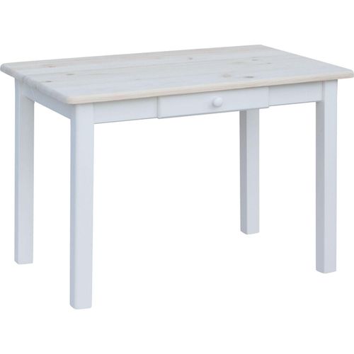 Weißer Tisch mit Schublade aus massivem Kiefernholz mit unlackierter Tischplatte 130 x 70 cm