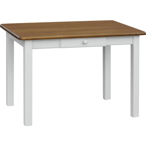 Weißer Tisch mit Schublade aus massivem Kiefernholz mit Tischplatte in der Farbe Eiche 110 x 80 cm