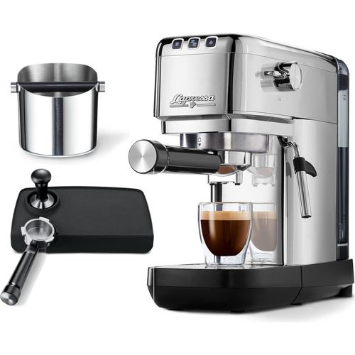 Tchibo “Lapressa Siebträger Profi Set” mit Tamper, Tampermatte, Abklopfbehälter, Doppelauslauf und Milchaufschäumdüse für Espresso und Milchschaum Barista Profiset, Edelstahl