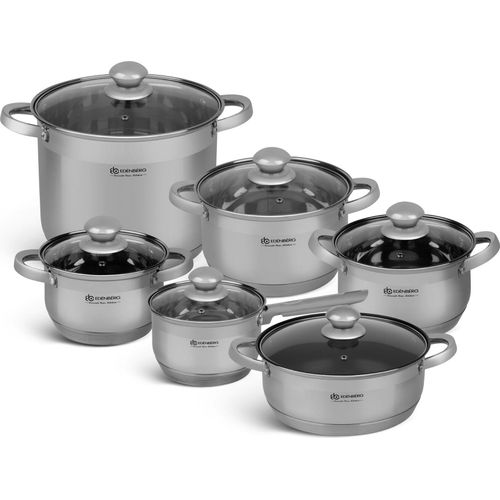 Topfset 12tlg aus Edelstahl mit Glasdeckel Kochtöpfe, Suppentopf, Kompotttopf, Kasserolle, Tiefe Pfanne (2.1L / 3.0L /4.0L/ 4.5L / 9.0L /)