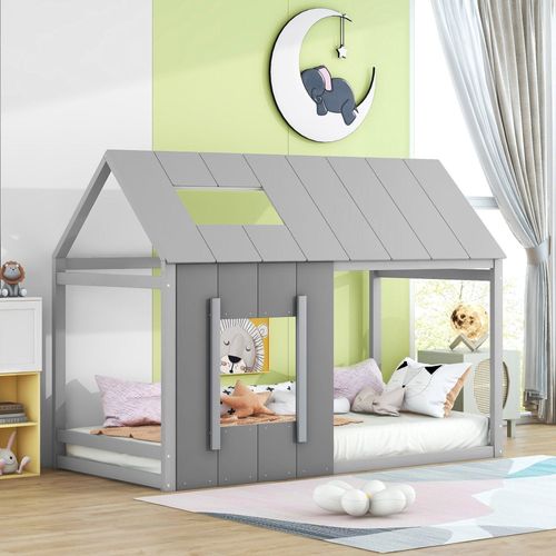 Odikalo Kinderbett Hausform Einzelhaus-Flachbett Dachform mit Fenster Kiefer Grau 90x200cm