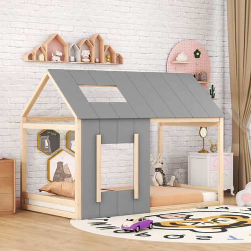 Odikalo Kinderbett Hausform Einzelhaus-Flachbett Dachform mit Fenster Kiefer Natur 90x200cm