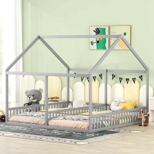 Odikalo Kinderbett Hausform Einzel Flachbett Dach Fenster Kiefer Grau 90x200cm