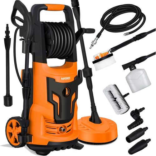 MASKO® Hochdruckreiniger 2200 Watt 165 bar 450 l/h, mit Spule Schlauchtrommel 10m Schlauch 9 TLG Zubehör Set, mit Handschuhen, Seifenflasche, Schaumdüse, Hochdruckpistole für Autos/Zäune/Garten/Patios