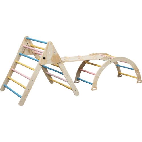 Buxibo XXL Klettergerüst - Klappbares Dreieck + Kletterbogen + Rutsche - Montessori Holzspielplatz - Pastell - 210x83x81cm