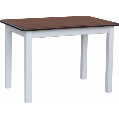 Weißer Tisch aus massivem Kiefernholz mit Tischplatte in der Farbe Nuss 110 x 80 cm