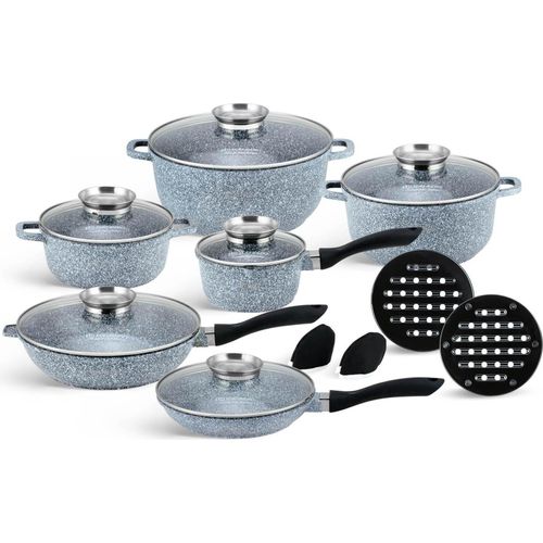 Topfset, graue Töpfe 14tlg, Kasserolle Suppentopf Milchtopf, Kochtopf, Tiefe Bratpfanne, Keramik Glasdckel Induktionstöpfe (1.3L / 2.3L / 4.5L / 6.5L)