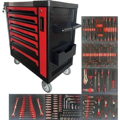Werkzeugwagen Massiv (166 Werkzeuge) 7 Schubladen DEFPRO Stahl Rot