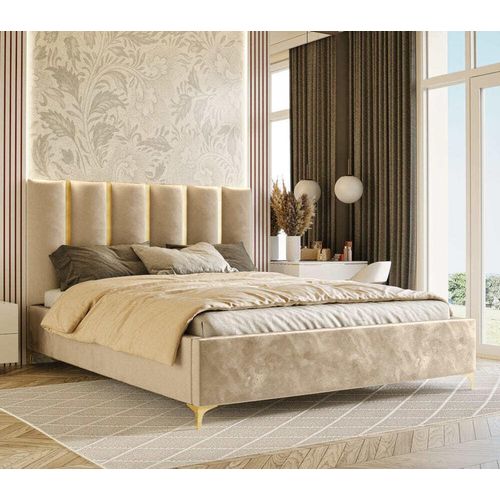 Polsterbett Hege, Doppelbett mit Bettkasten, Ehebett, Gold Leisten spiegelähnliche, Gasdruckfeder, Lattenrost Farbe: Piano 03 Creme, Größe: 160x200