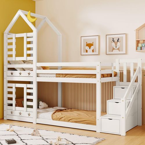 Odikalo Kinderbett 2x Hochbett Baumhaus Schublade Rausfallschutz 90x200 Lattenrost Weiß