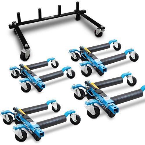 BITUXX 4 Stück PKW Rangierhilfe Blau Rangierheber hydraulisch bis 680 kg pro Rangierroller inklusive Transportständer MS-19386