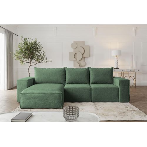 Ecksofa Sofa mit Schlaffunktion ESTELLE in Stoff Abriamo Grün Ottomane Links
