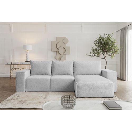 Ecksofa Sofa mit Schlaffunktion ESTELLE Stoff Abriamo Hellgrau Ottomane Rechts