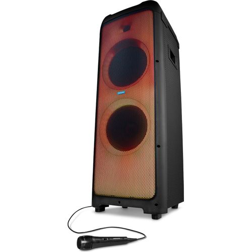MEDION X61350 Party-Soundsystem (Partylautsprecher inkl. Mikrofon, Karaoke Partybox, Bluetooth, DJ Funktion, LED Lichtshow, 2x 85 Watt + 350 Watt RMS Subwoofer, USB, AUX, Cinch, Gitarrenanschluss)