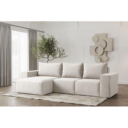 Ecksofa Designersofa ESTELLE in Stoff Poso Creme Ottomane Links