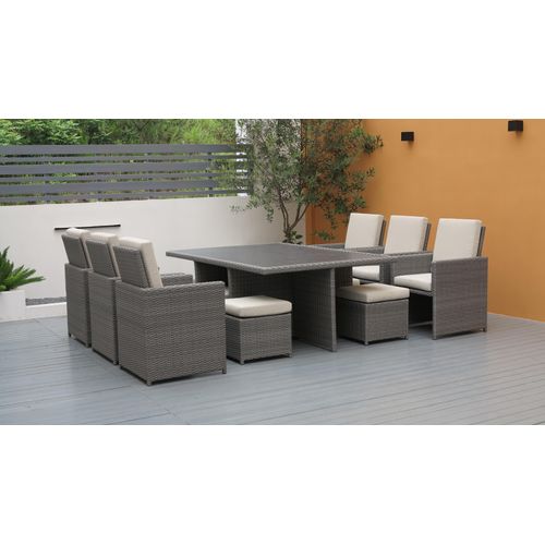 db-Deals24 Rattan Sitzgarnitur Cube, 6 Personen, Rattan Farbe grau - Kissenfarbe Haferflocke