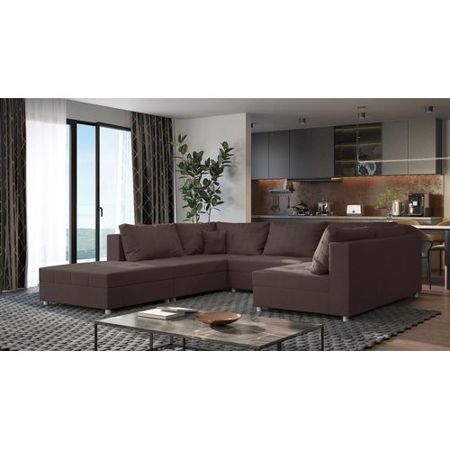 Wohnlandschaft Sofa ANDRO Schlaffunktion und Hocker Stoff Lincoln Schokobraun