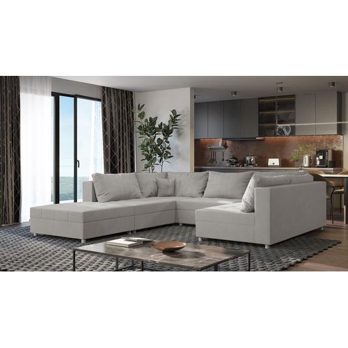 Wohnlandschaft Sofa ANDRO Schlaffunktion und Hocker Stoff Lincoln Lichtgrau