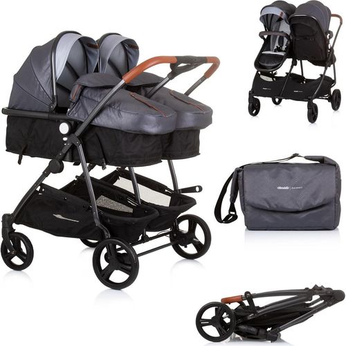 Chipolino Geschwisterkinderwagen Duo Smart klappbar umbaubar verstellbar Fußsack grau hellgrau
