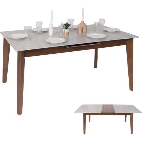 Esszimmertisch HWC-M57, Esstisch, Massiv-Holz Laminat Melamin 160-200x90cm, ausziehbar Beton-Optik, braune Beine