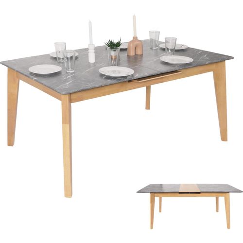 Esszimmertisch MCW-M57, Esstisch, Massiv-Holz Laminat Melamin 160-200x90cm, ausziehbar Marmor/Stein-Optik, helle Beine