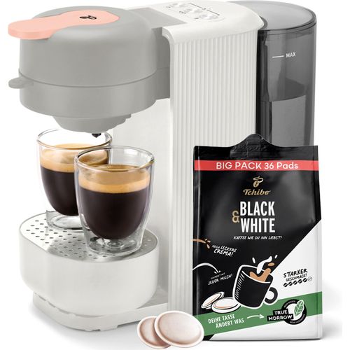 Tchibo Kaffeepadmaschine „CALL ME PAD“ inkl. 36 Kaffeepads Black & White, mit Taste für To-Go Becher, für 2 Tassen, schnell und leise, automatische Abschaltfunktion, Weiß