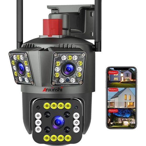 Überwachungskamera PTZ Außen WLAN-Netzwerkkamera mit 3 Objektive 3 in1 IP66 Wasserdichte Kabellose HD Kamera Farbiger Nachtsicht Outdoor mit Automatische Verfolgung