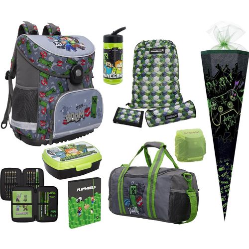 Minecraft Schulranzen für Jungen 1. Klasse Graue Schultasche im Set 11-teilig mit Brotdose, Trinkflasche, Sporttasche, Heftbox DIN A5 und Tüte 85 cm